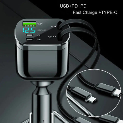 Cargador Retractil Rapido De Auto Type C / Ligthning 5 En 1