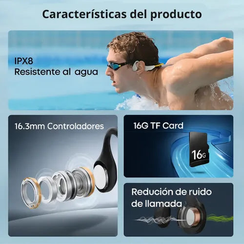 Auriculares Natación Conducción Ósea Langsdom Be20 Bluetooth 16gb Sumergibles Ipx8 Negro
